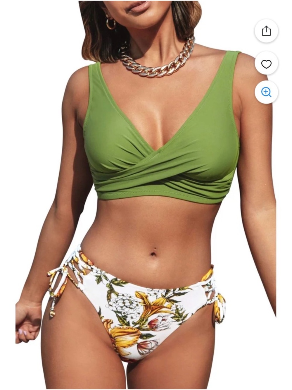 Women’s Olive Green V-Neck Swim Top and Floral Tie-Side Bikini Bottom